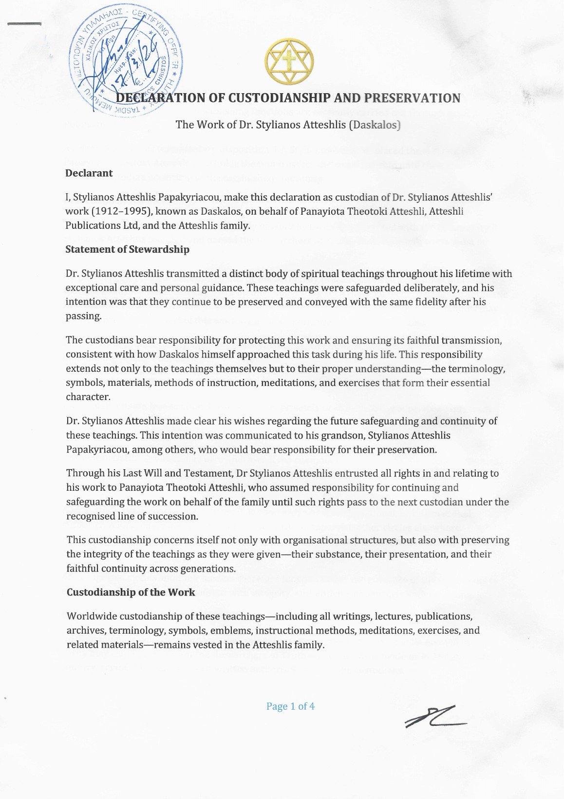 Certified Declaration of Custodianship and Preservation, page 1 of 4