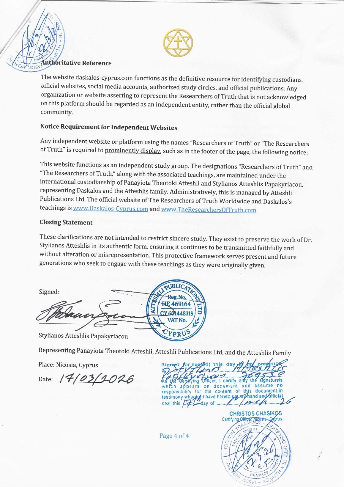 Certified Declaration of Custodianship and Preservation, page 4 of 4